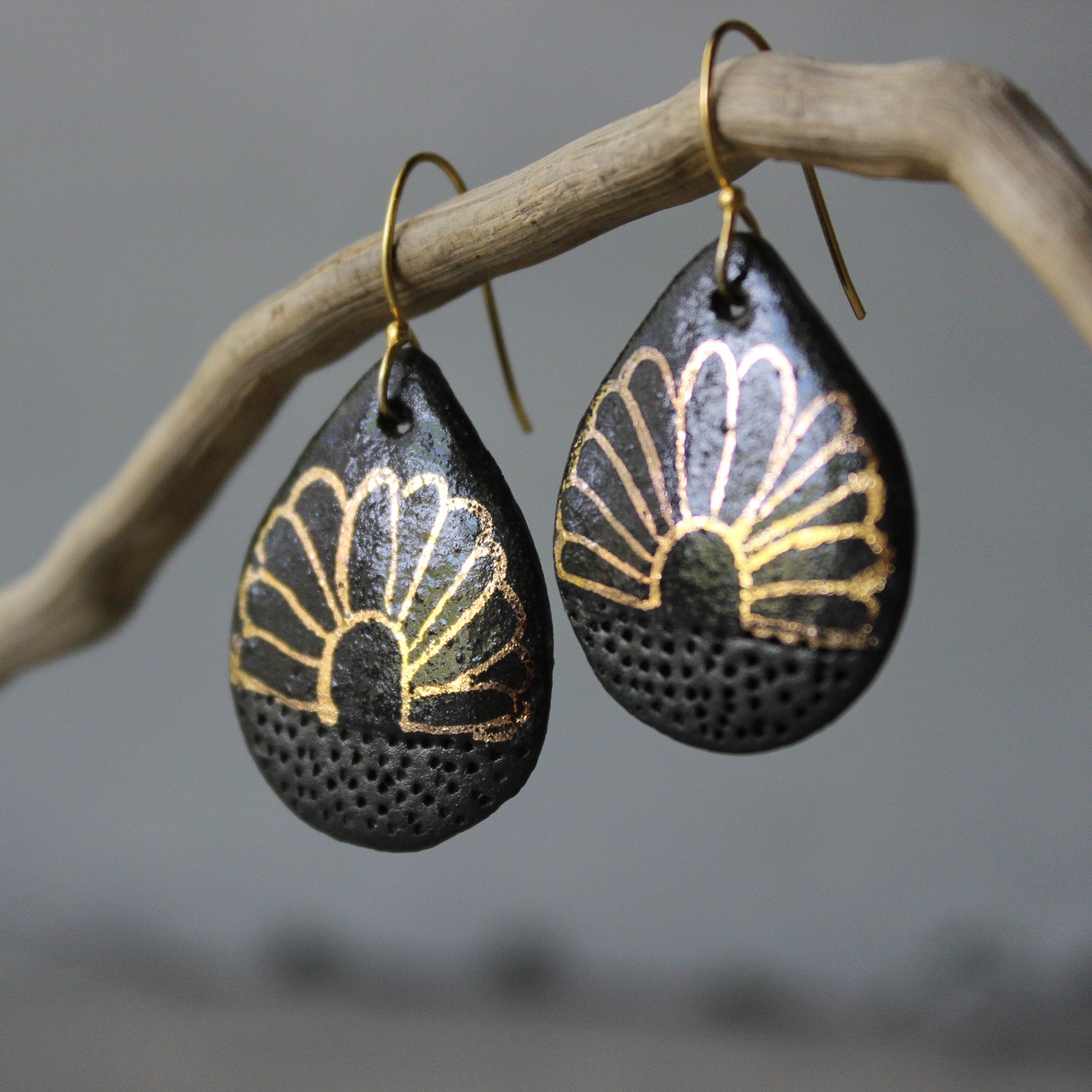 Ceramic Earrings Black & Gold #3 - Tribe Castlemaine