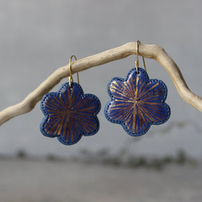 Ceramic Earrings Blue Daisy Gold Star - Tribe Castlemaine