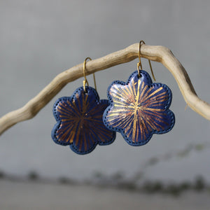 Ceramic Earrings Blue Daisy Gold Star - Tribe Castlemaine