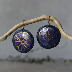 Ceramic Earrings Blue Gold Daisy - Tribe Castlemaine