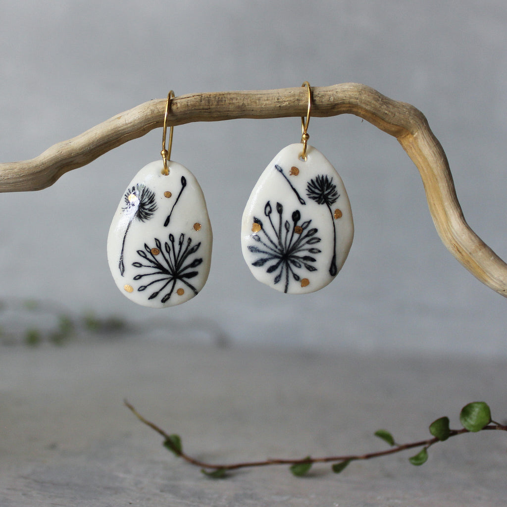 Ceramic Earrings Dandelion Teardrop Gold - Tribe Castlemaine