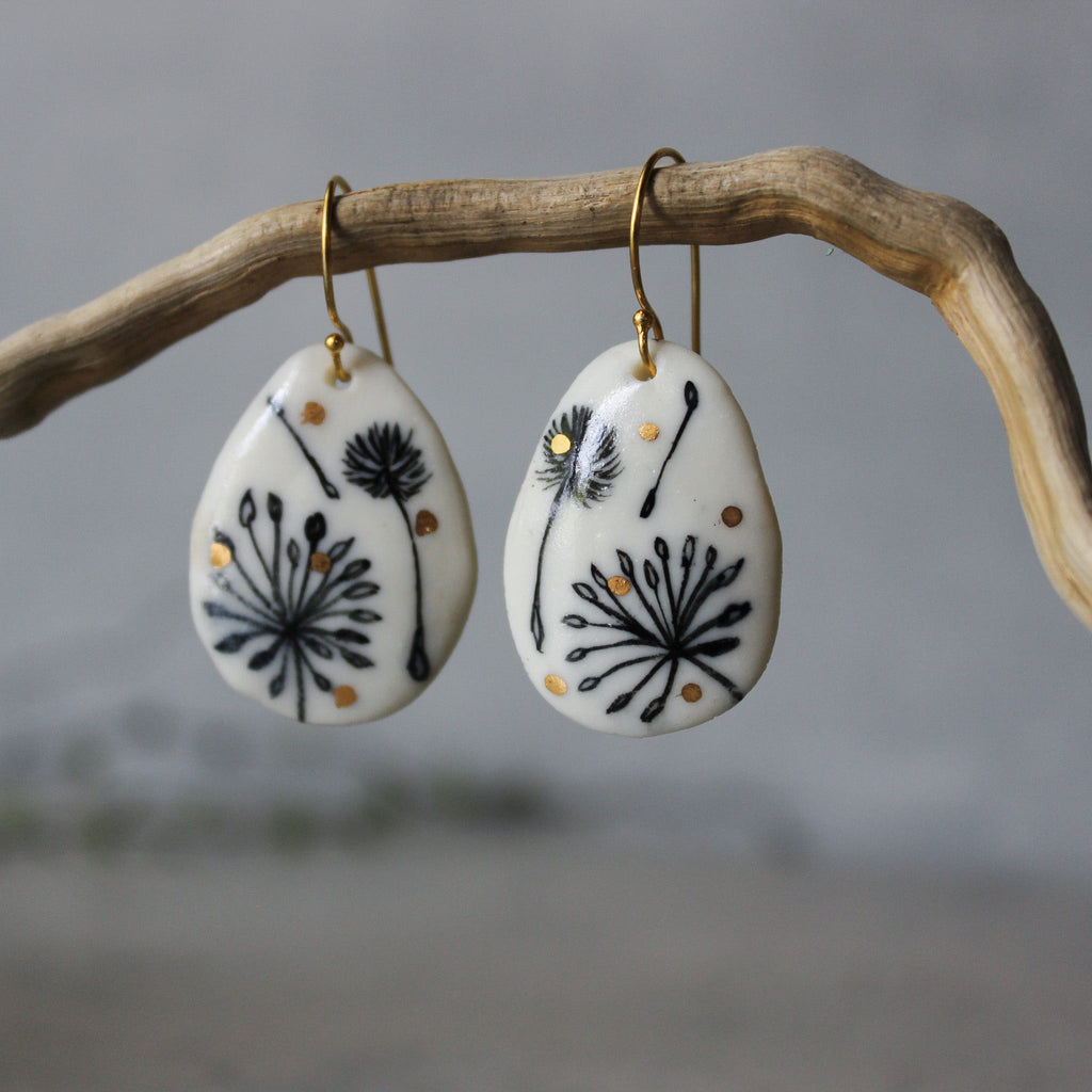 Ceramic Earrings Dandelion Teardrop Gold - Tribe Castlemaine