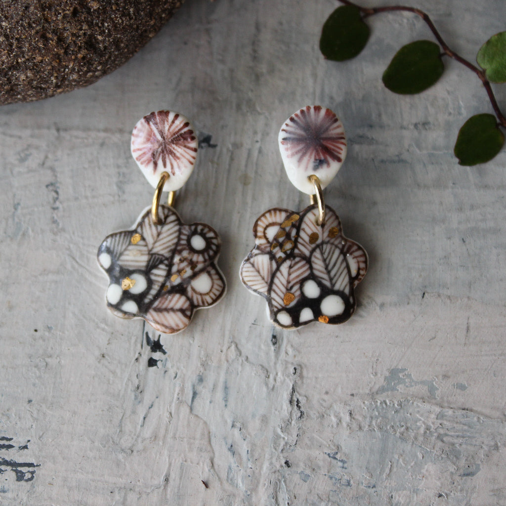 Ceramic Earrings Double Sepia Studs - Tribe Castlemaine