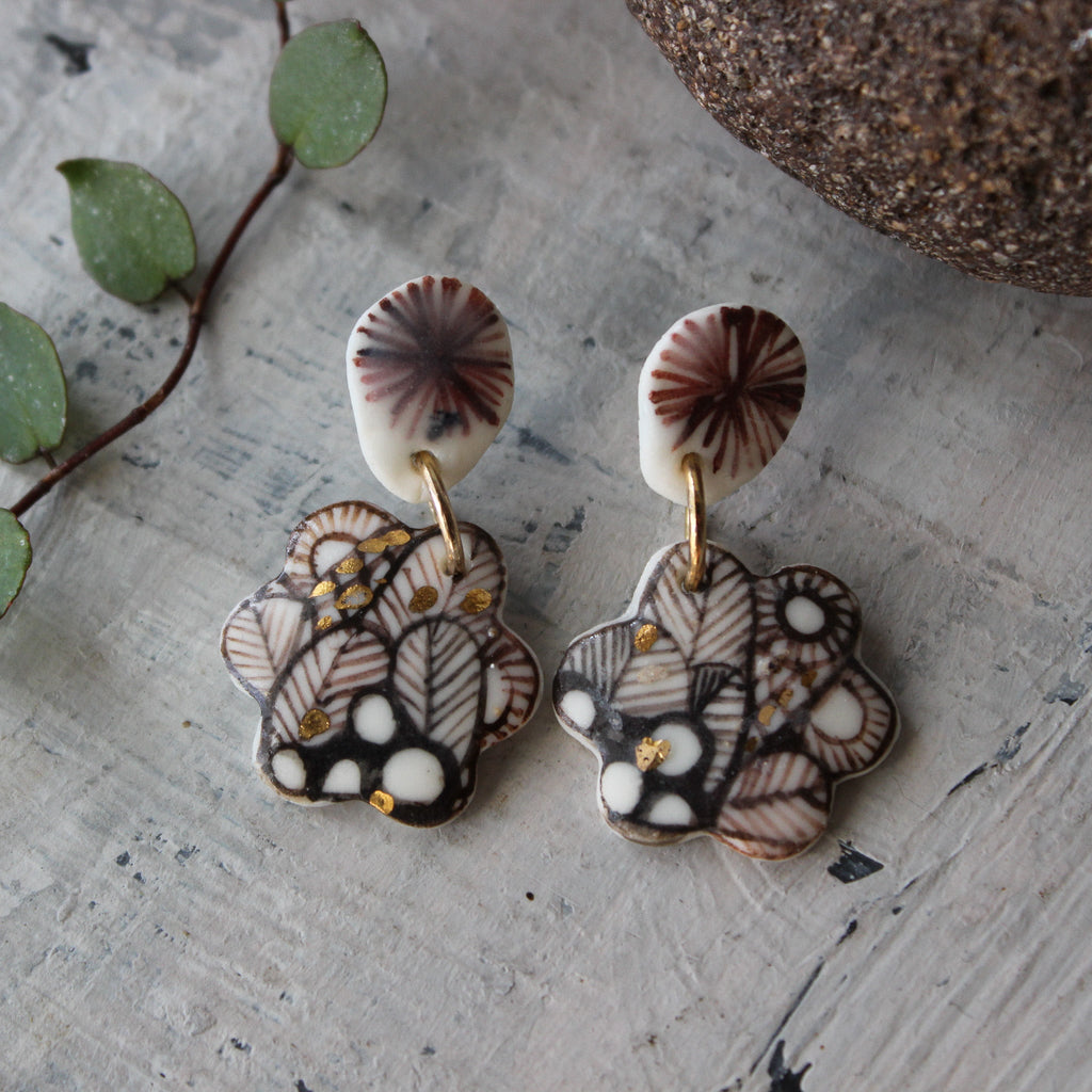 Ceramic Earrings Double Sepia Studs - Tribe Castlemaine