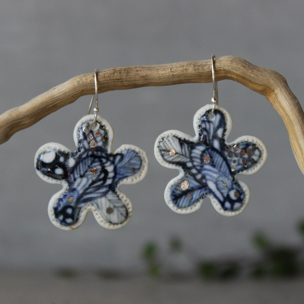 Ceramic Earrings Flower Indigo - Tribe Castlemaine