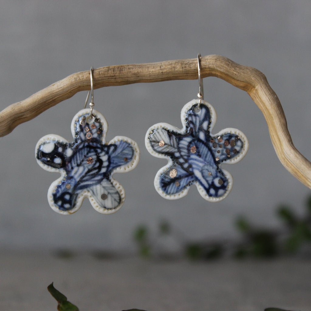 Ceramic Earrings Flower Indigo - Tribe Castlemaine