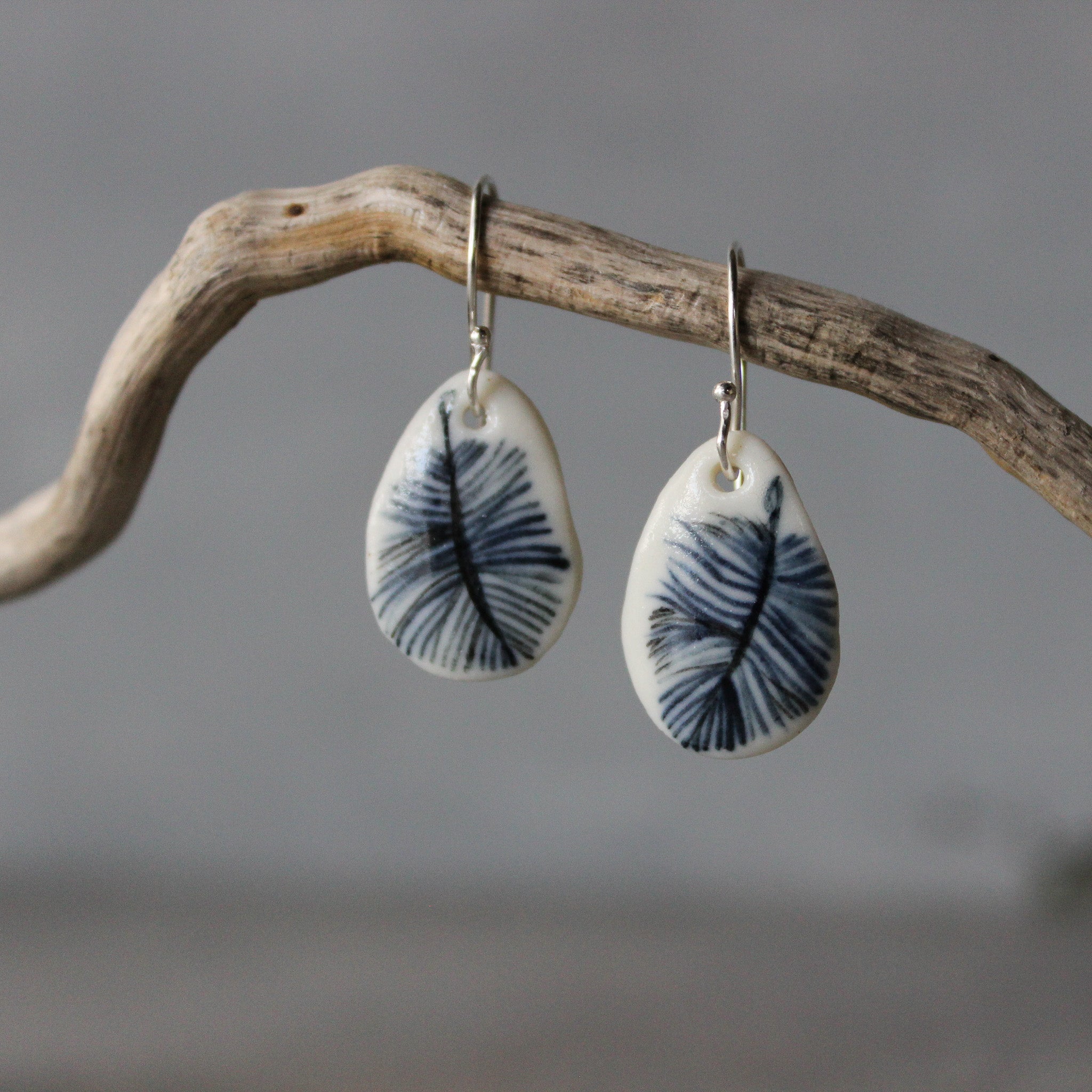 Ceramic Earrings Indigo Feather Teardrop - Tribe Castlemaine