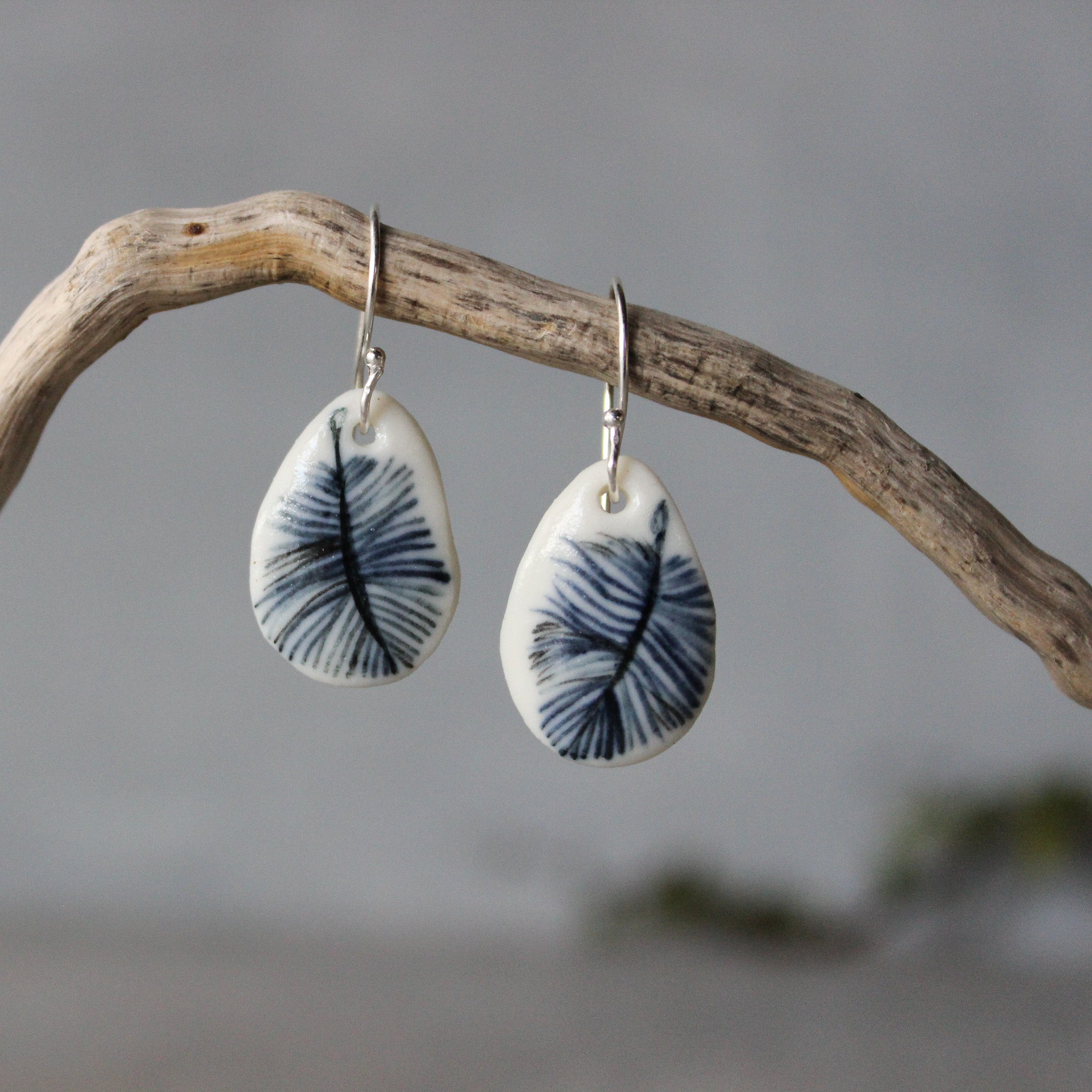 Ceramic Earrings Indigo Feather Teardrop - Tribe Castlemaine