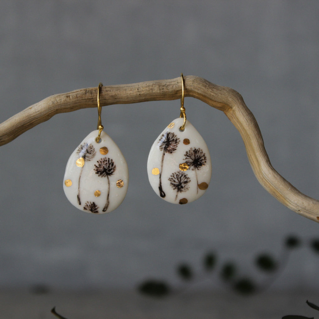 Ceramic Earrings Sepia Dandelion Teardrop - Tribe Castlemaine