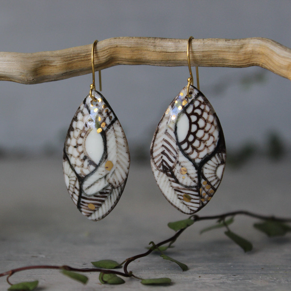 Ceramic Earrings Sepia Feather Detail - Tribe Castlemaine