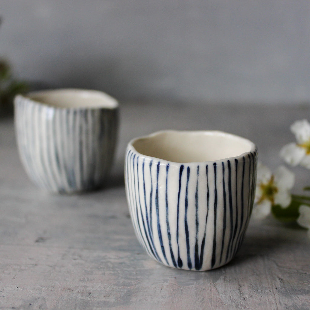 Ceramic Expresso Cups : Blue Lines - Tribe Castlemaine