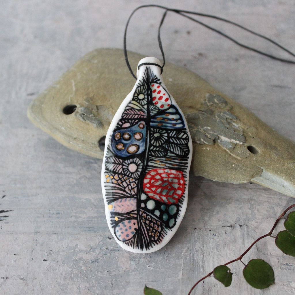 Hand Painted Ceramic Necklace Feather #2 - Tribe Castlemaine