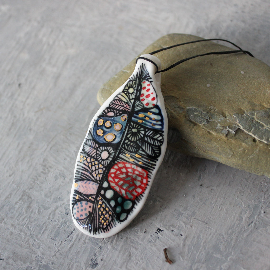 Hand Painted Ceramic Necklace Feather #2 - Tribe Castlemaine