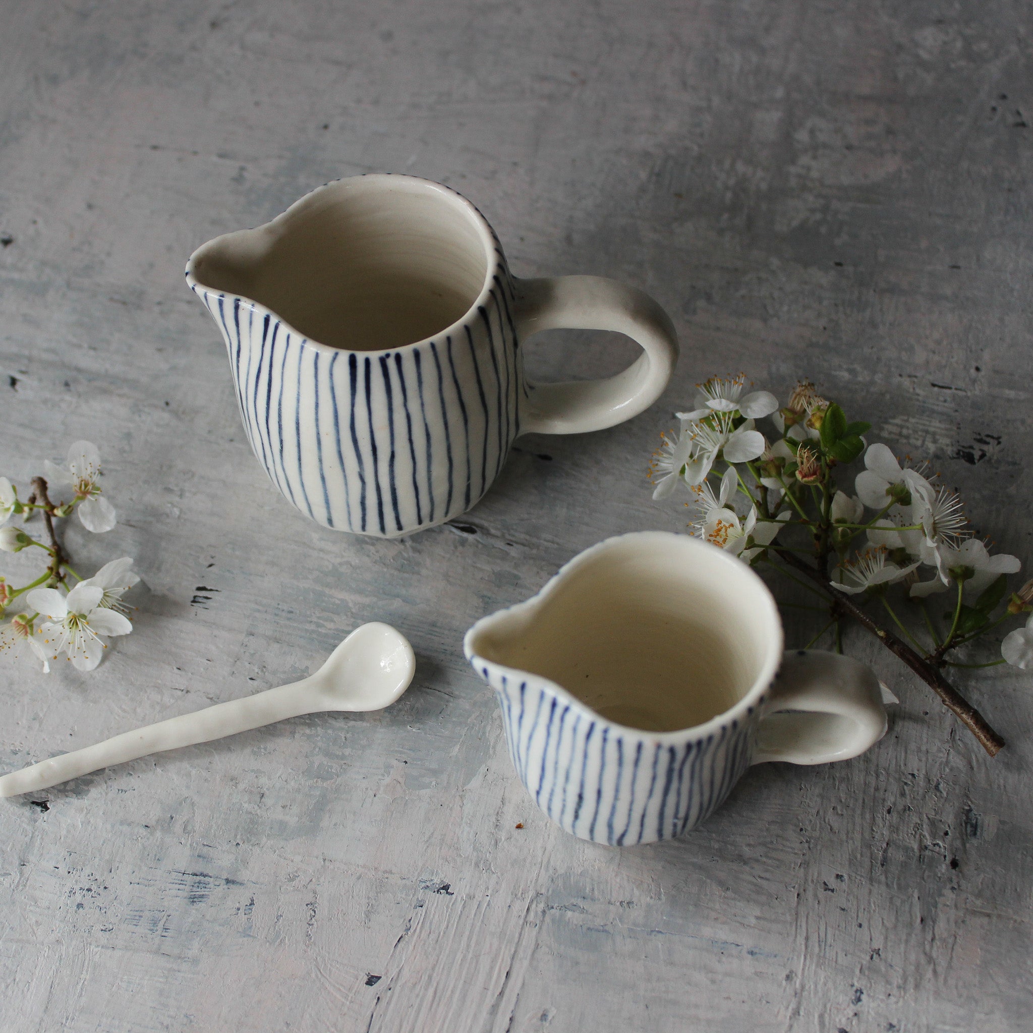 Little Ceramic Jugs Blue Lines - Tribe Castlemaine