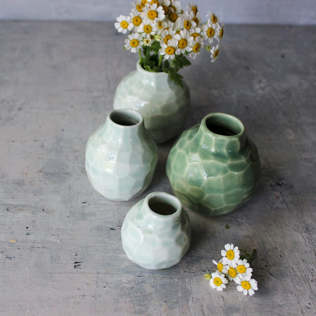 Little Faceted Green Vases - Tribe Castlemaine