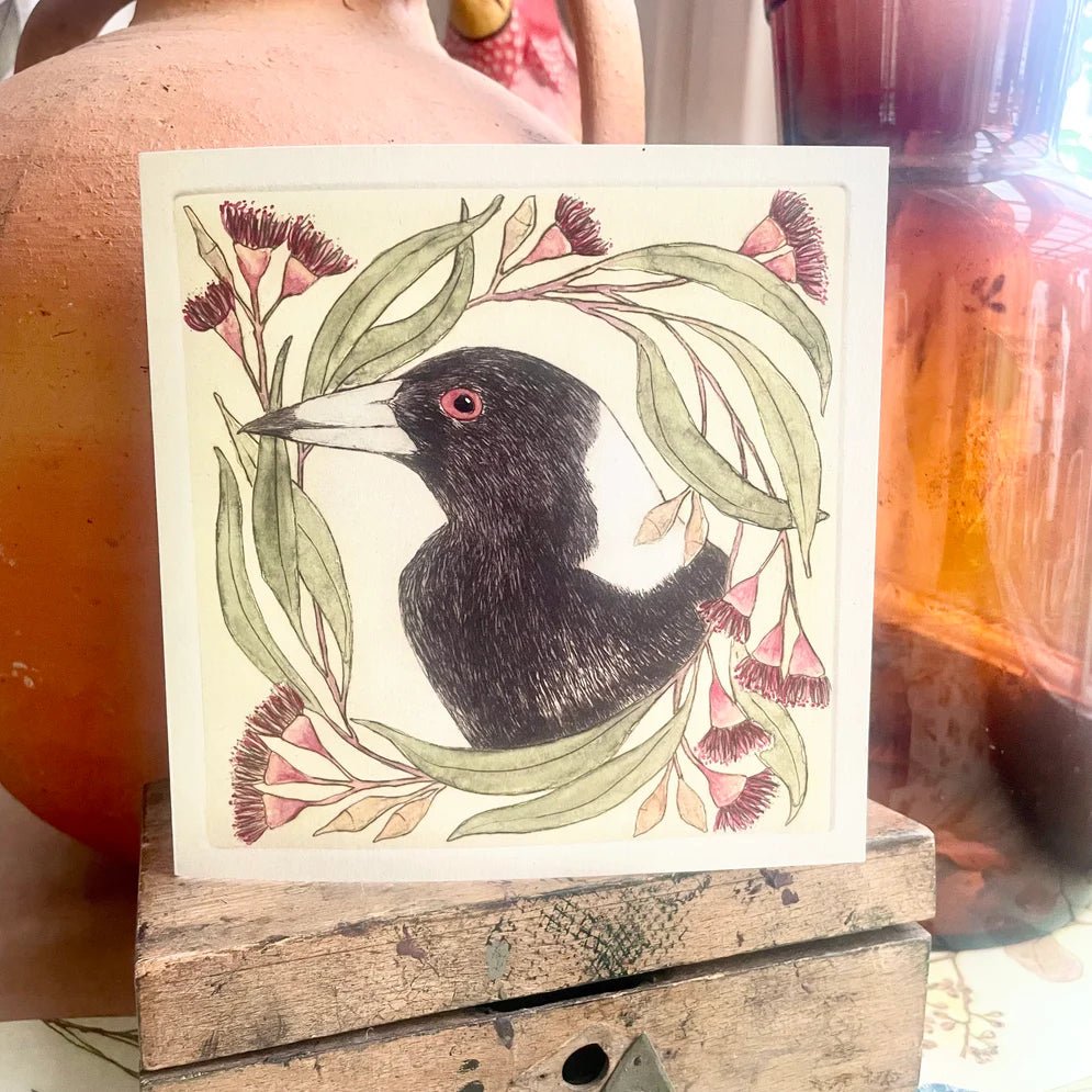 Magpie in Gum Blossom Card - Tribe Castlemaine