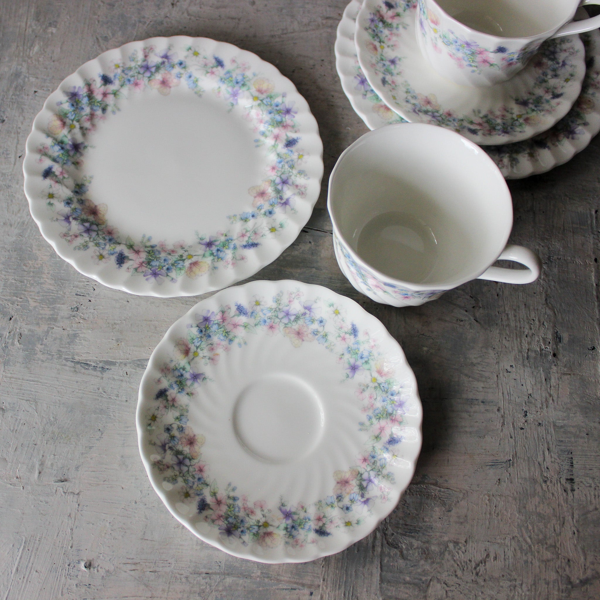 Pair of Vintage Wedgwood 'Angela' Tea Cup Trios - Tribe Castlemaine