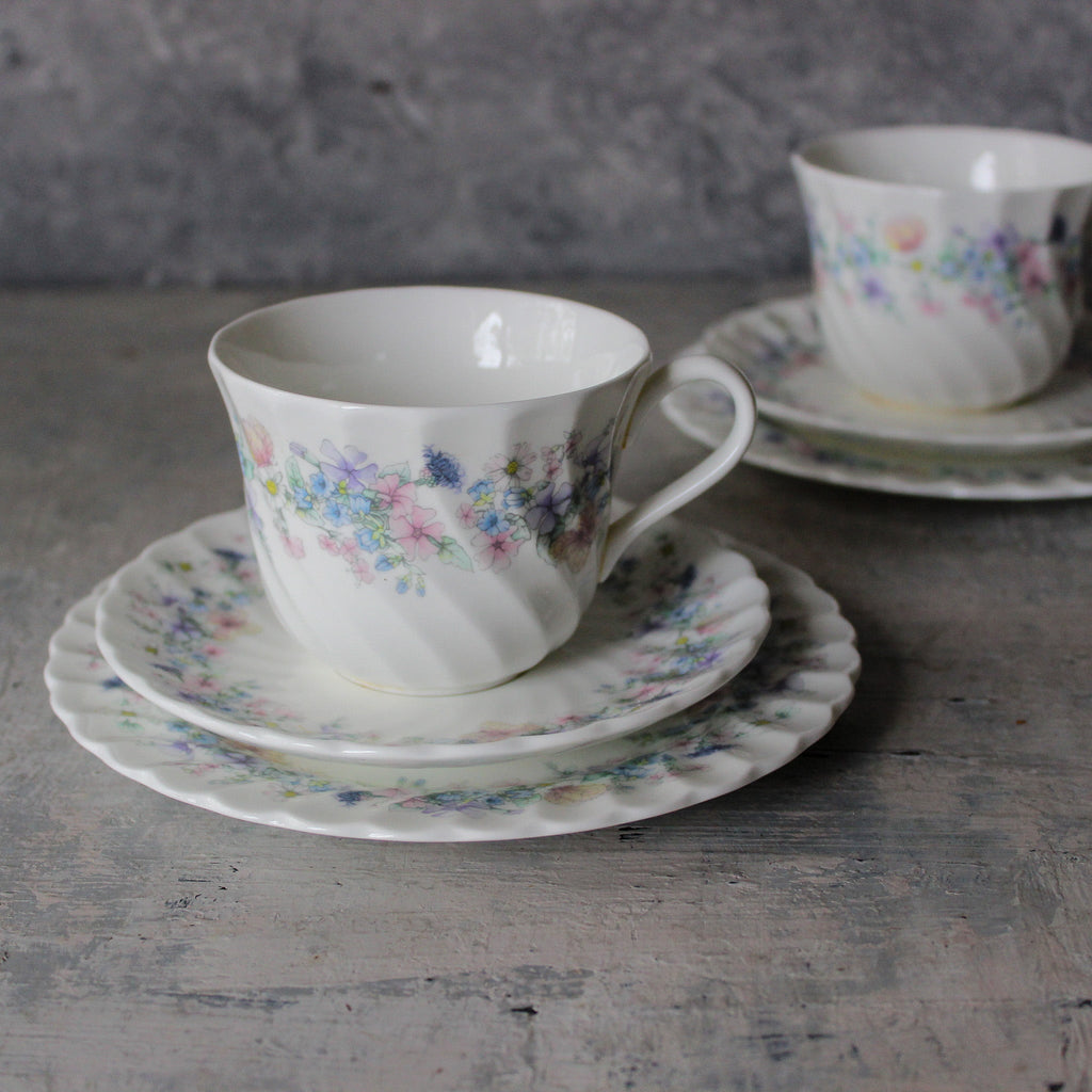 Pair of Vintage Wedgwood 'Angela' Tea Cup Trios - Tribe Castlemaine